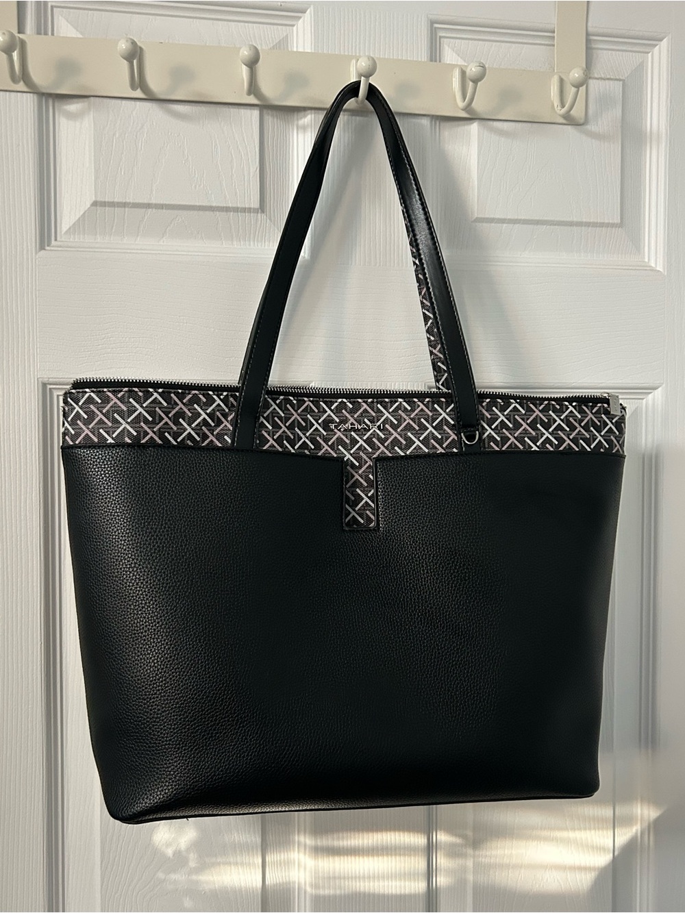 Tahari Black Tote with Patterned Trim